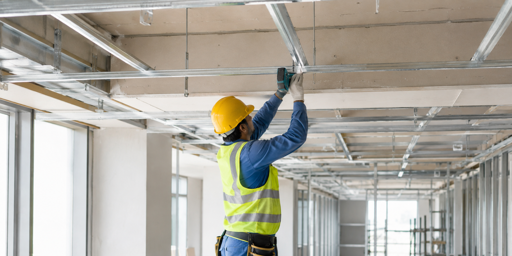 Skilled ceiling installer working safely inside a commercial project